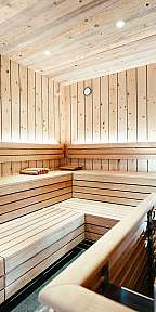 Helle Holzsauna mit umlaufenden Sitzbänken und Saunasteinen vorne.
