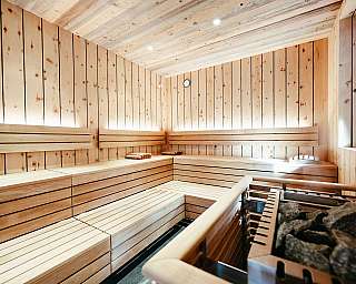 Bright wooden sauna room with benches running around the walls and a stove in the foreground.