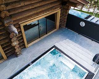 Espace de piscine extérieure avec chalet en bois, escalier et bassin d’eau bleu.