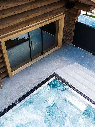 Wooden house with pool area