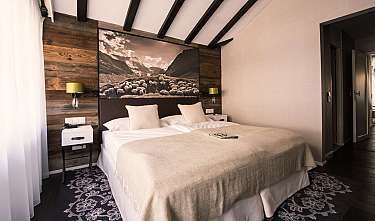 A stylishly furnished hotel room with a double bed, wooden wall and mountain photo
