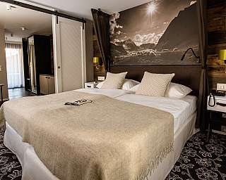 Modern furnished bedroom with double bed, bedside tables and mountain motif on the wall.