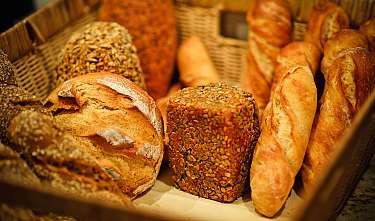 Various freshly baked breads in a basket, including loaves and baguettes.