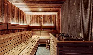 Sauna moderne avec revêtement en bois, banquettes et poêle avec pierres.