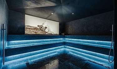 Douche de luxe sombre avec éclairage LED bleu et fresque murale avec des moutons.