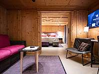 Chambre d’hôtel avec lambris en bois, coin salon, télévision et chambre visible.
