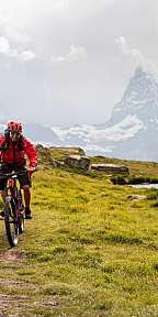 Drei Mountainbiker fahren auf einem Grasweg am See entlang vor schneebedecktem Berg.