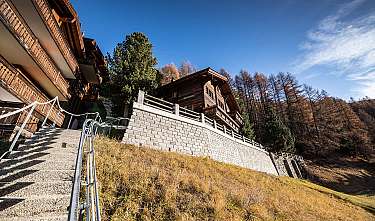 Holzchalets an einem steilen Hang mit Treppe, Steinmauer und blauem Himmel.