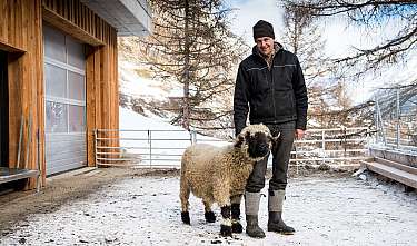Mann steht neben einem Schaf auf einem verschneiten Hof vor Holzgebäuden.