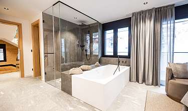 Bathtub and steam shower in the bedroom (left) Bathtub and steam shower in the bedroom (left)